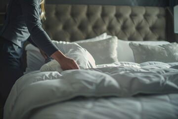 A hotel housekeeper making the bed pillow furniture cushion.