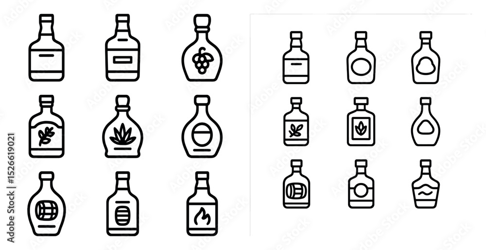 Poster collection of minimalist line drawings of various bottles with icons for design projects