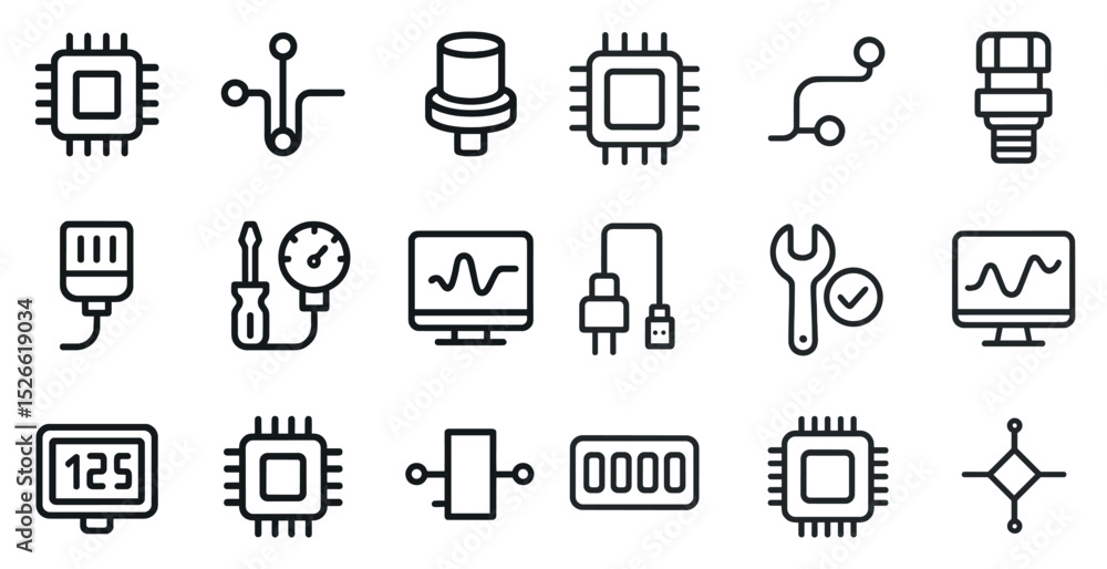 Poster technology and engineering line icons for digital interface design