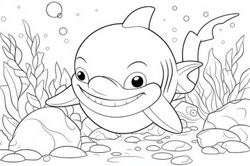 Obraz premium Cute baby shark playing with underwater toy surrounded by rocks and coral in simple bold line coloring page for toddlers