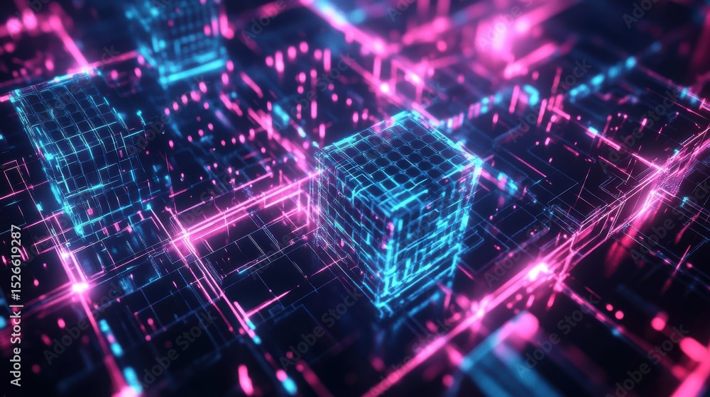 Poster glowing cubes in abstract digital network at nighttime