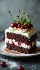 Delicious slice of chocolate layer cake with cherries indoors