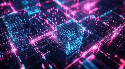 Glowing cubes in abstract digital network at nighttime