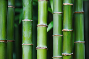 Fototapeta premium Tall green bamboo stalks stand together in a dense clump creating an interesting pattern with natural segments and a healthy looking grove.