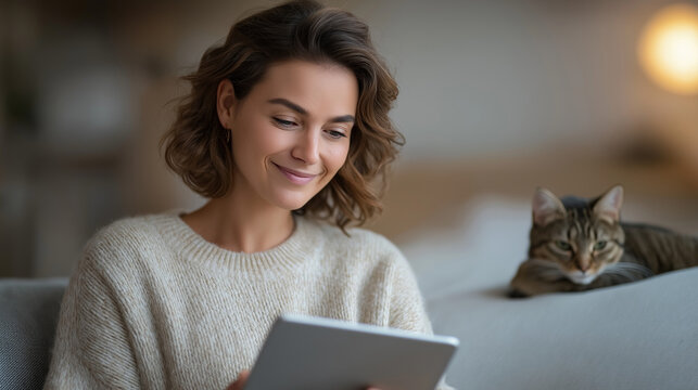 Woman enjoying tablet in cozy living room with a cat - Powered by Adobe