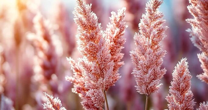 Close-up of pink pampas grass illuminated by sunlight. Sunny and vibrant, perfect for representing nature