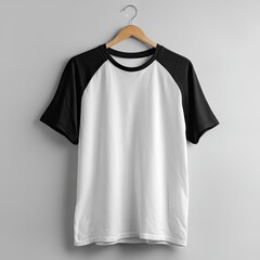 Blank white t-shirt with black raglan sleeves on a hanger