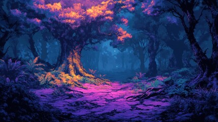 Enchanted Forest with Glowing Foliage and Trail at Night