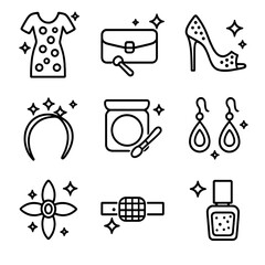 Obraz premium Sparkle and Shine Icons. Outline icon set of sequin and sparkle attire: sequin dress, glitter clutch, rhinestone heel, metallic