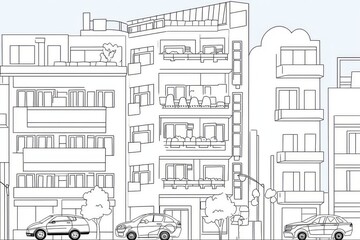 Simple coloring page of apartment buildings with bold lines, clouds in sky, and cars on street in minimalist style
