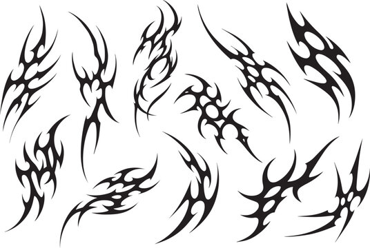 y2k tribal sigilism tatto pack. Flame shape in liquid mercury. abstract neo tribal cyber sigil gothic melted modern burn form, design element.