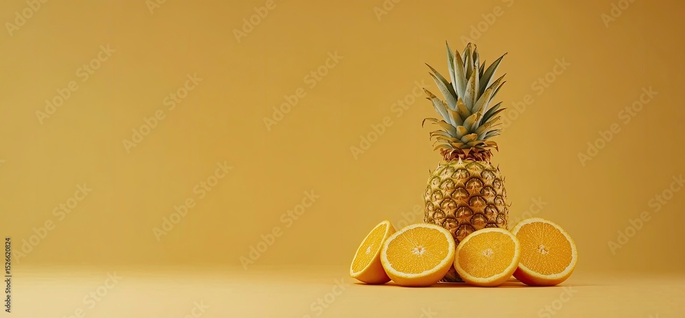 Poster pineapple and orange slices on a yellow background with copy space for text