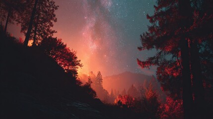 Scenic Night Sky with Milky Way Above Forest Fire