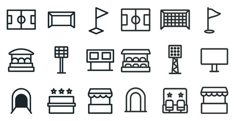 Sports icon set featuring stadiums, fields, and equipment for design projects