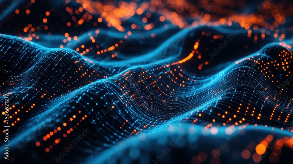 Poster Abstract wave-like pattern of glowing points in blue and orange