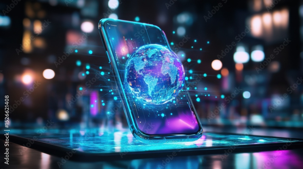 Poster smartphone and digital globe glowing with data in urban night