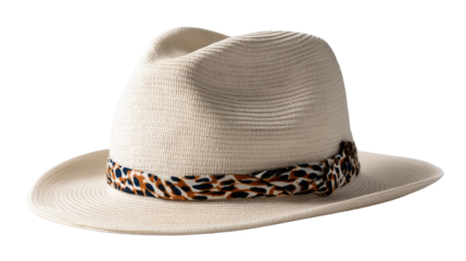 Elegant Woven Fedora: A stylish fedora hat crafted from woven natural fibers, adorned with a patterned band, radiating charm.