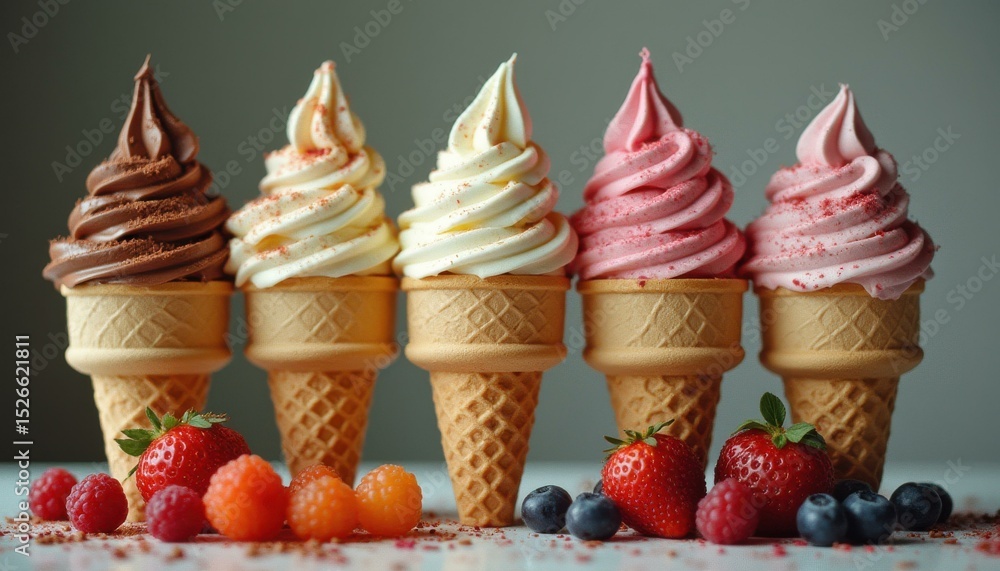 Poster five colorful ice cream cones in a studio setting