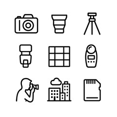 Street Art Photography Icons. Outline icon set of street art photography: DSLR camera, wide-angle lens, tripod, flash unit,