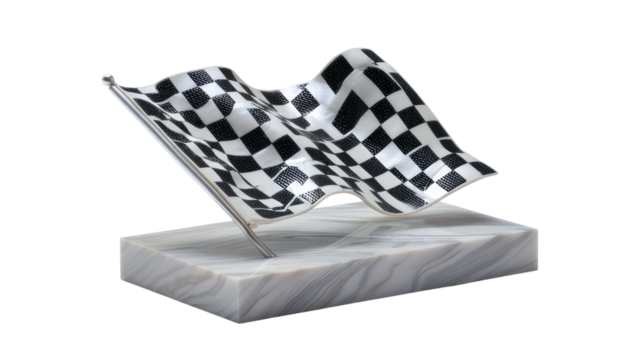Checkered Flag of Victory: A checkered flag waves triumphantly on a marble base, symbolizing the attainment of a goal, the thrill of a race, and the satisfaction of reaching the finish line.