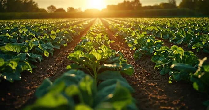 Rows of green leafy plants on a farm field with a rising sun over the horizon. The light shines on the plants and the rows of plants. A field of cabbages and other vegetables in focus