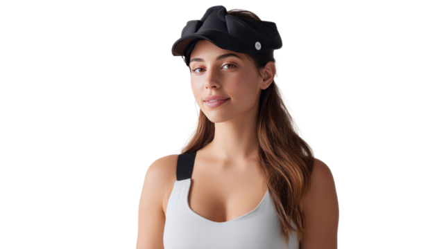 Woman Wearing Sleep Mask: A young woman with long brown hair looks calmly and directly at the camera, wearing a black sleep mask. The mask is designed to block light and promote restful sleep. - Powered by Adobe