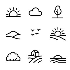 Fototapeta premium Sunset Hills Icons. Outline icon set of sunset rolling hills: setting sun, cloud, tree silhouette, hill ridge, bird flock, warm