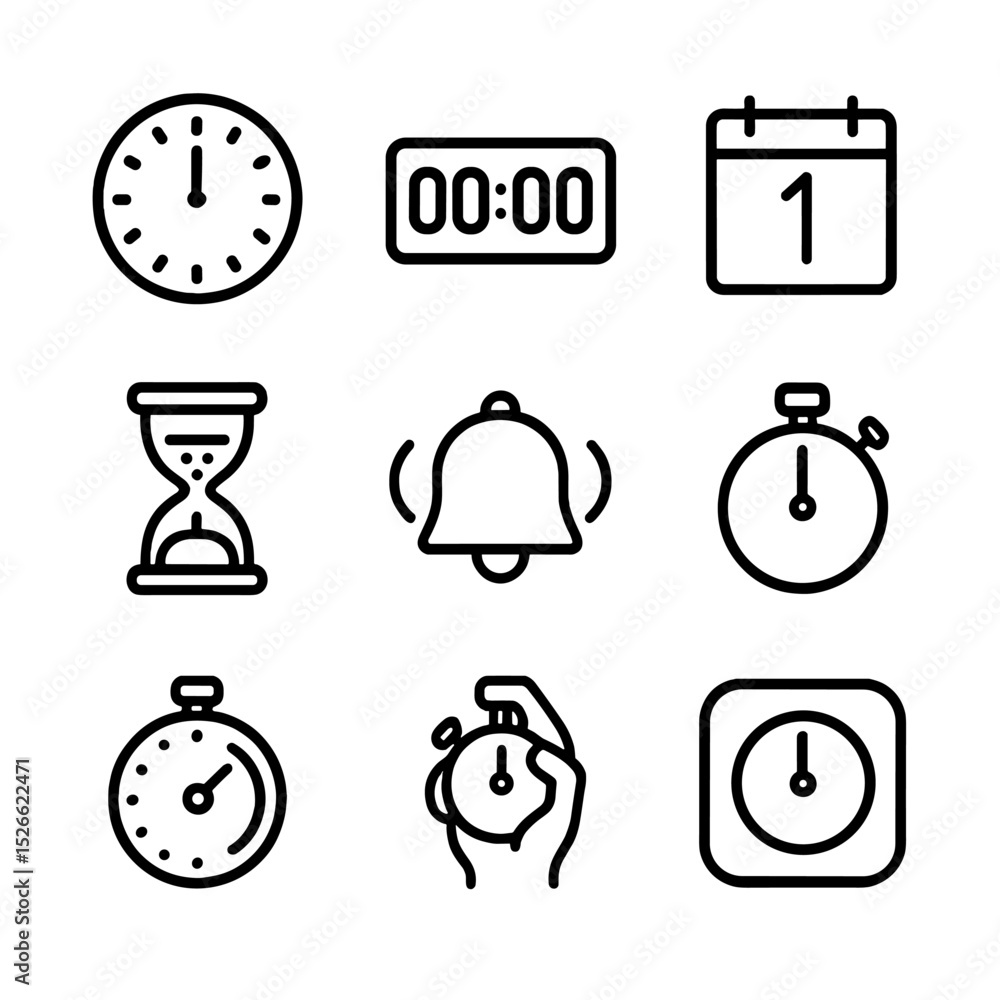 Aufkleber time and safety icons. outline icon set of countdown and timekeeping: analog clock striking twelve, 