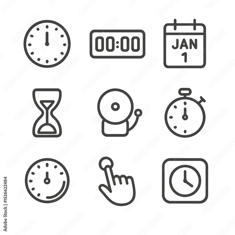 Poster time and safety icons. outline icon set of countdown and timekeeping: analog clock striking twelve, 