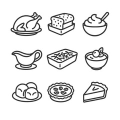 Thanksgiving Dishes Icons. Outline icon set of thanksgiving dishes: roast turkey, stuffing loaf, mashed potatoes, gravy boat,