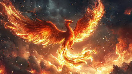 Phoenix rising from fiery ashes, symbolizing rebirth, resilience, transformation, and strength. Perfect for inspirational, spiritual, and motivational design projects, stock illustration image, 