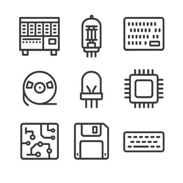 20th-Century Computing Icons. Outline icon set of 20th-century computing milestones: ENIAC, vacuum tube, punch card, magnetic tape