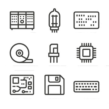 20th-Century Computing Icons. Outline icon set of 20th-century computing milestones: ENIAC, vacuum tube, punch card, magnetic tape