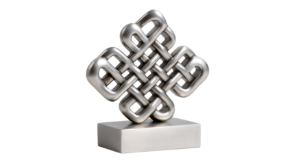 Endless knot, Eternity Symbol: A meticulously crafted metal sculpture of an endless knot, a symbol of eternity and interconnectedness, stands poised against a simple backdrop.