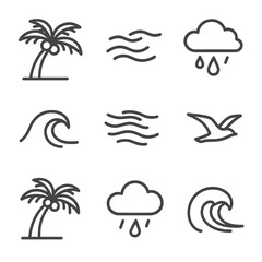 Obraz premium Tropical Storm Icon Set. Outline icon set of palm trees in a tropical gale: palm tree, curved trunk, frond cluster, coconuts, wind
