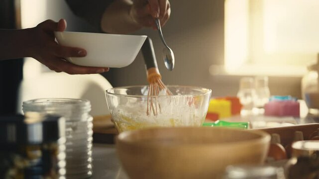 Woman adding sugar to flour in bowl, making dough, cooking in kitchen, close-up