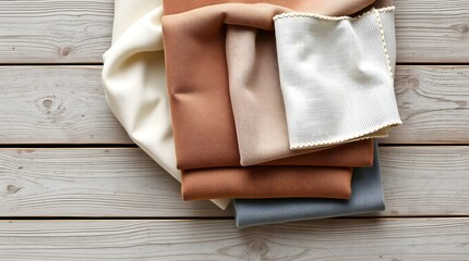 a flat lay composition features neatly folded fabrics in cream, brown, and grey tones arranged on a rustic wooden surface, space for copy