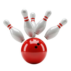 Bowling ball hitting pins isolated on transparent background