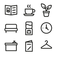 Waiting Area Essentials. Outline icon set of waiting area items: magazine, coffee cup, plant, bench, water dispenser, clock,