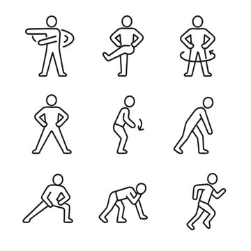 Warm-Up Stretch Icons. Outline icon set of pre-workout warm-up stretches: arm swings, leg kicks, hip circles, torso rotations,