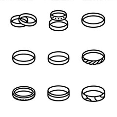 Plakat Wedding Ring Icon Set. Outline icon set of wedding ring sets: his and hers band, matching stackable rings, eternity band, simple