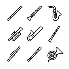 Obraz premium Wind Instrument Icons. Outline icon set of wind instrument practice: flute, clarinet, saxophone, trumpet, trombone, oboe, bassoon,