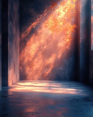 Abstract, dramatic interior;  sunlit leaves
