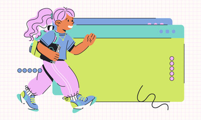 Funky Girl running with book and Backpack