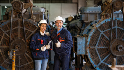 Project Engineer train male and female Inspect the train's diesel engine, railway track in depot of train.