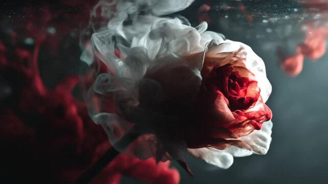 White rose engulfed in swirling red smoke on black background