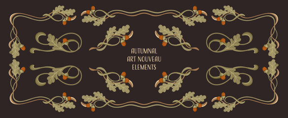 Autumnal Art Nouveau frames, corners, and borders. Seasonal Vintage decor. Vector.