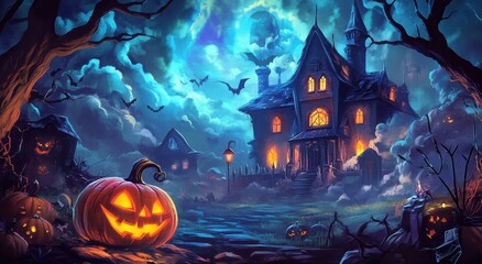 Halloween Night Spooky Haunted House Pumpkins Bats Scene