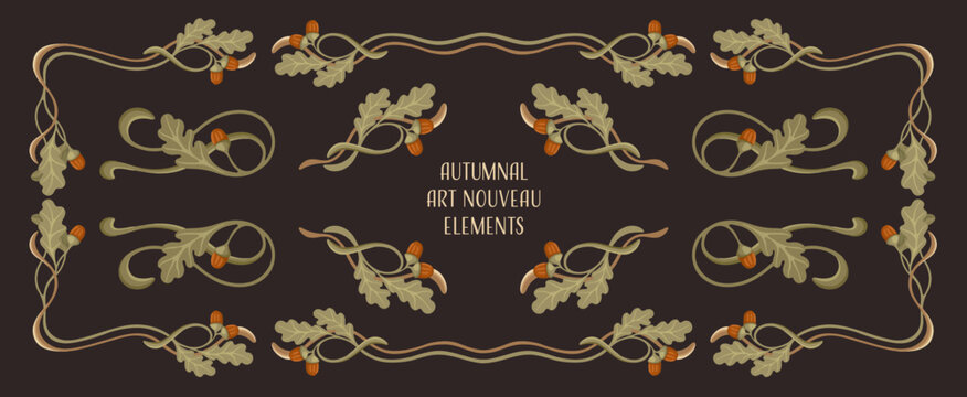 Autumnal Art Nouveau frames, corners, and borders. Seasonal Vintage decor. Vector.