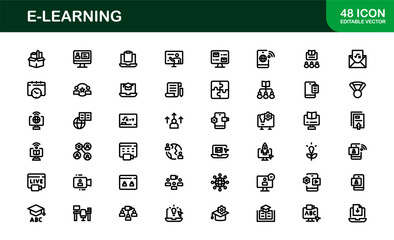 Professional E-learning icon collection crafted to elevate online education interfaces, course creators, and virtual classrooms with clean, modern visuals.